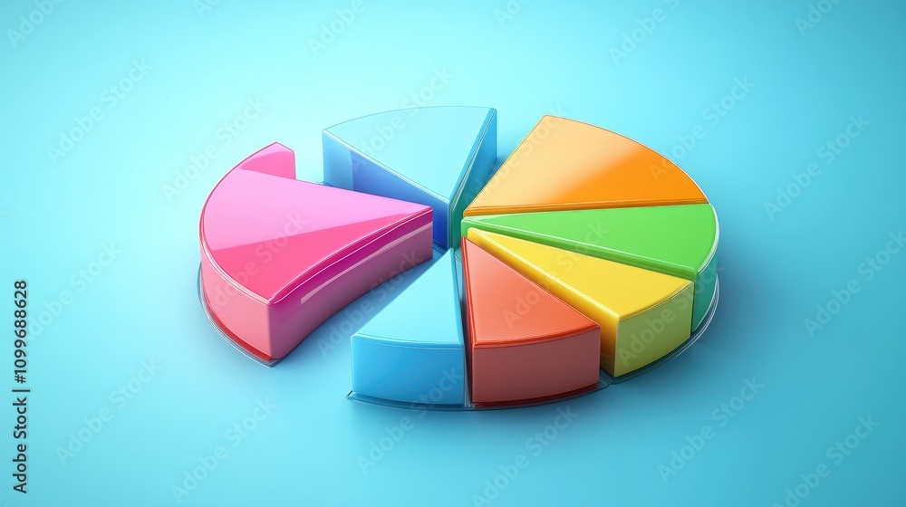 Poster a collection of colorful 3d pie chart segments separated slightly, arranged on a smooth background t