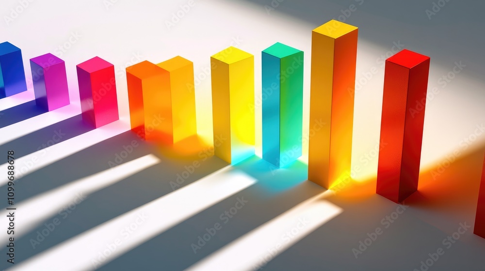 Poster a colorful 3d bar graph with staggered heights, each bar casting shadows on a clean white background