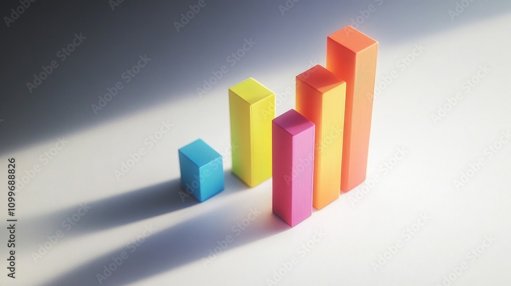 Aufkleber a colorful 3d bar graph with staggered heights, each bar casting shadows on a clean white background