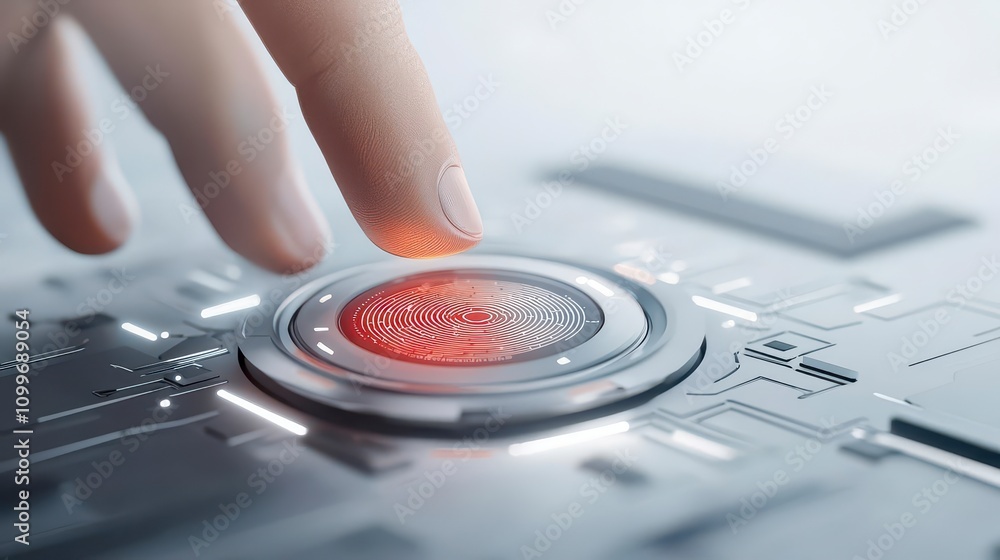 Poster privacy data with techno concept. a finger pressing a red fingerprint scanner on a digital device.