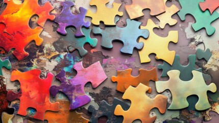 Fototapeta premium A surrealistic depiction of a puzzle with pieces in different colors and patterns, Symbolizing the integration of diverse elements, photography style