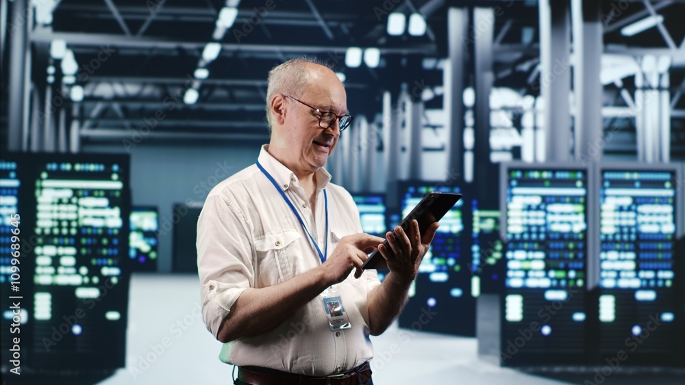 Poster precise it professional navigating network of server rows in industrial hub. computer operator with 