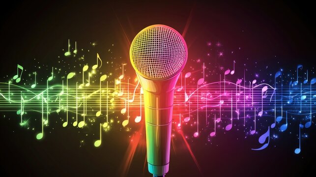 A creative shot of a microphone with a colorful windscreen, surrounded by musical notes and sound wave patterns, evoking the essence of music and performance