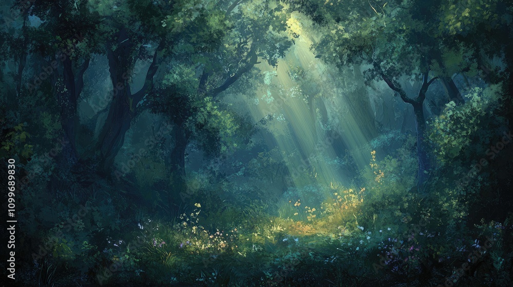 Poster a dark forest with beams of soft light filtering through misty trees, creating a magical, ethereal a
