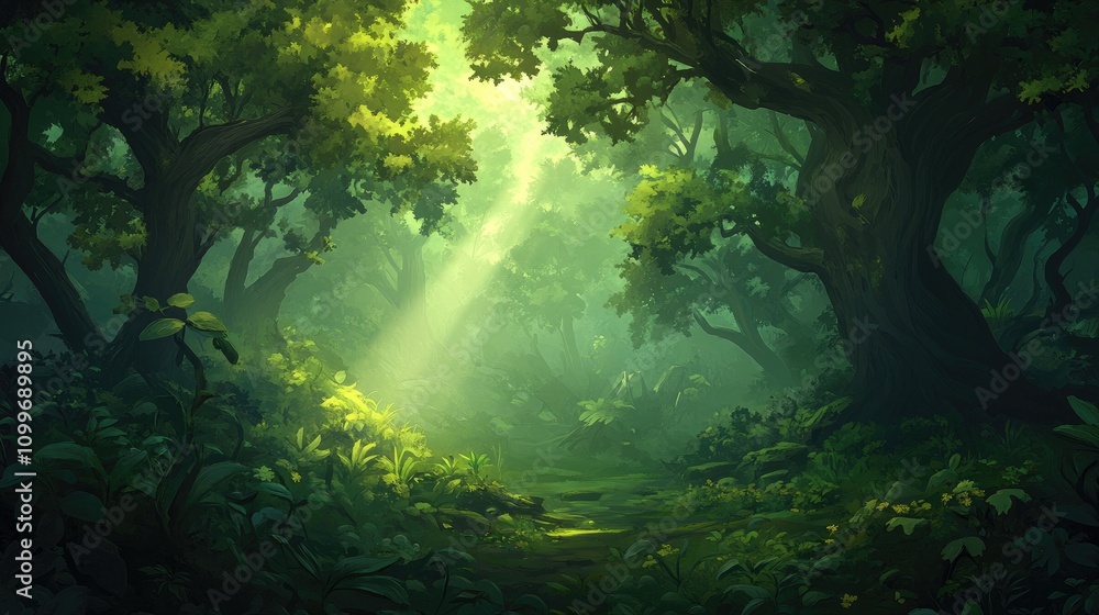 Poster a dark forest with beams of soft light filtering through misty trees, creating a magical, ethereal a