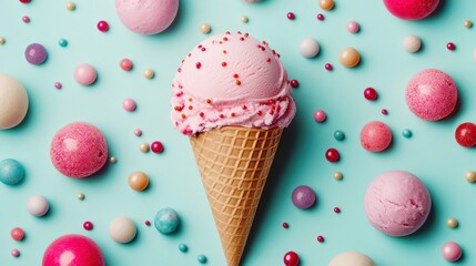 A delicious pink ice cream cone topped with colorful sprinkles against a light blue background, surrounded by candy spheres.