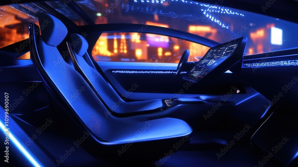 Poster envision a futuristic car that uses ai and machine learning to constantly optimize its driving and p