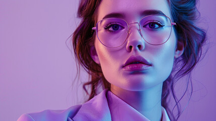 Woman in glasses and formal wear, employee over purple background. Choice of profession. Contemporary art collage. Women's equality day, feminism, social issues, acceptance concept. Banner, flyer, ad
