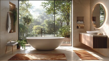 Fototapeta premium Relaxing modern bathroom with a view of greenery during the day near large windows