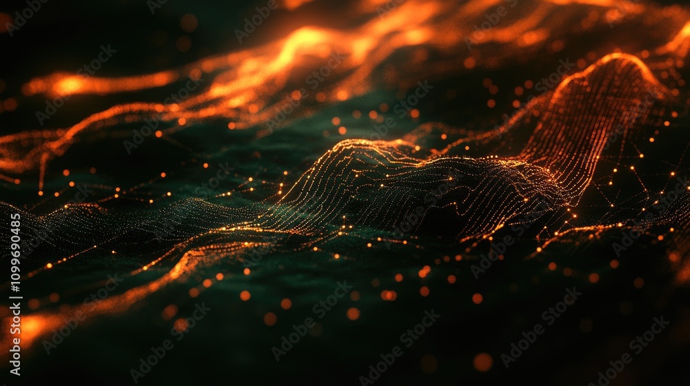 Poster a digital network of interconnected nodes and lines on a dark background, forming a futuristic graph