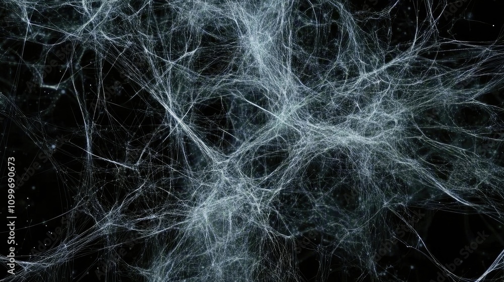 Poster a digital network of interconnected nodes and lines on a dark background, forming a futuristic graph