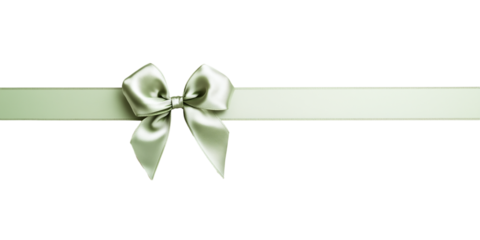 Pastel green satin ribbon bow with long straight silk strips isolated on transparent background, gift wrap decoration design