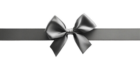 Fototapeta premium Gray metallic silk ribbon bow with long straight strips isolated on transparent background, gift wrap decoration design