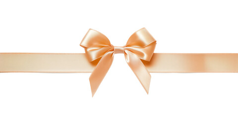 Peach satin ribbon bow with long straight silk strips isolated on transparent background, gift wrap decoration design