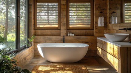 Fototapeta premium Modern bathroom design featuring a freestanding tub and wooden accents in a bright, natural light setting