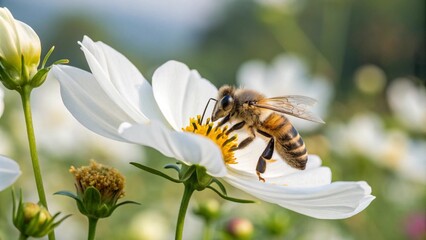 the close-up banner idea of the bee on a white bloom.