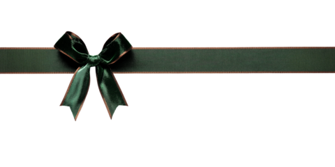 Green velvet ribbon bow with brown edge and long straight strips isolated on transparent background, gift wrap decoration design