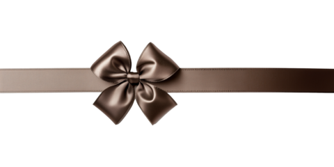 metallic bronze brown silk ribbon bow with long straight  strips isolated on transparent background, gift wrap decoration design