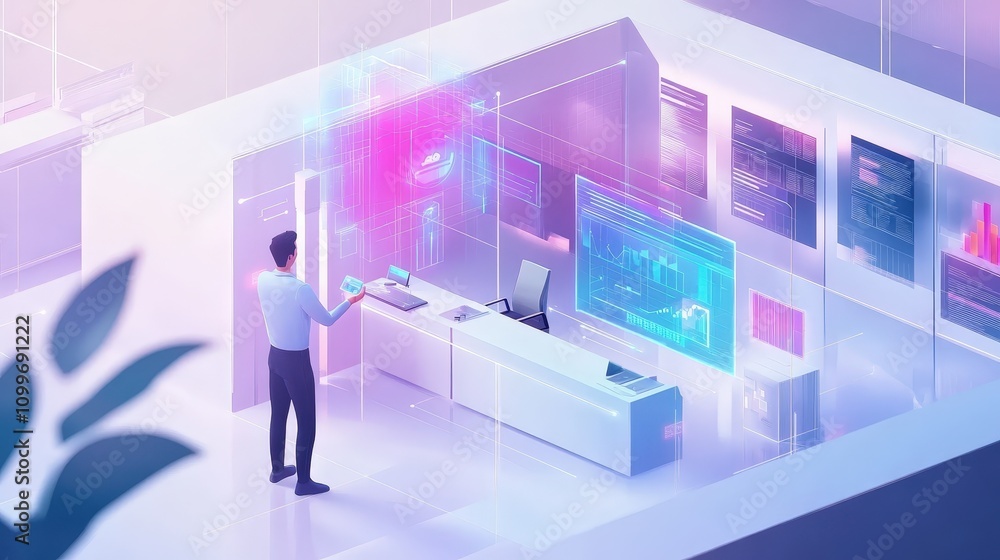 Poster envision a modern office where ai is being used to automate tasks. a person is interacting with a ho