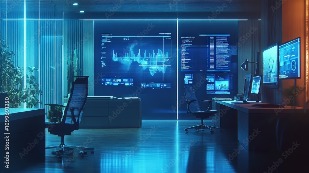 Poster envision a modern office where ai is being used to automate tasks. a person is interacting with a ho