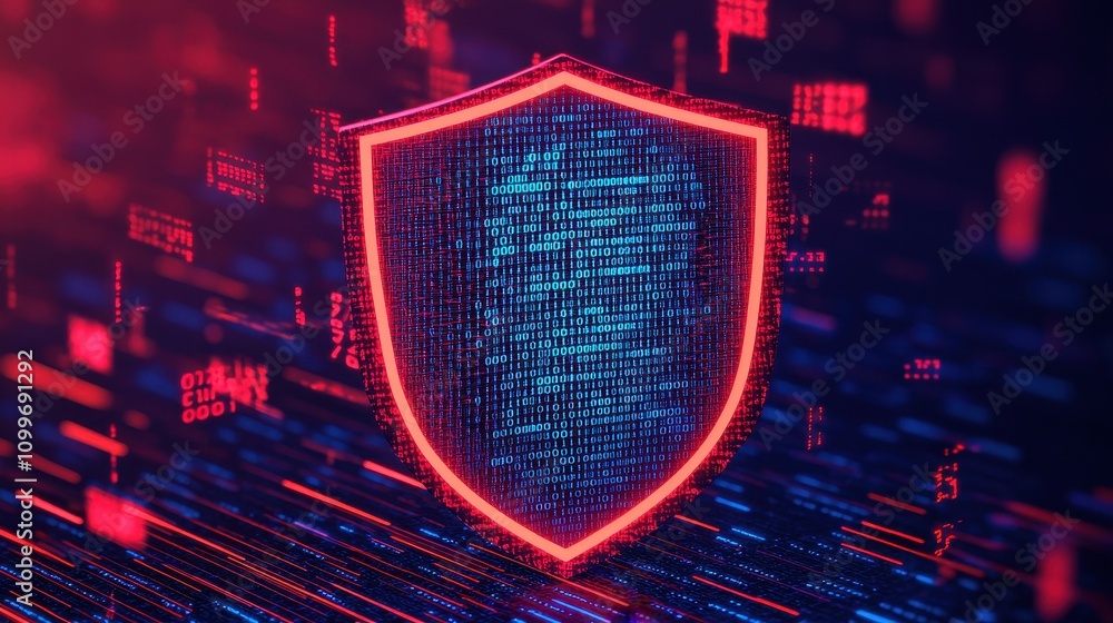 Poster digital shield icon representing cybersecurity and data protection