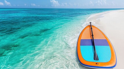 Fototapeta premium Vibrant Stand Up Paddleboard on Tropical Clear Water Shoreline