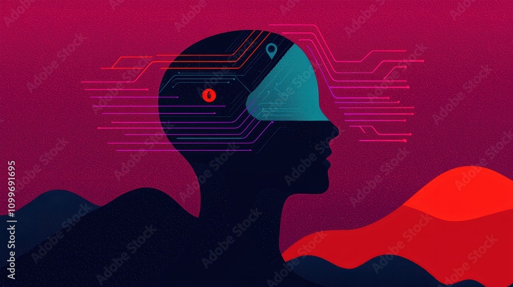 Poster abstract graphic of human head with circuit patterns and technology