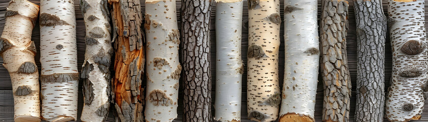 Fototapeta premium Various types of wood logs with bark.