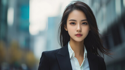 Naklejka premium Professional portrait of a confident Asian woman in urban setting