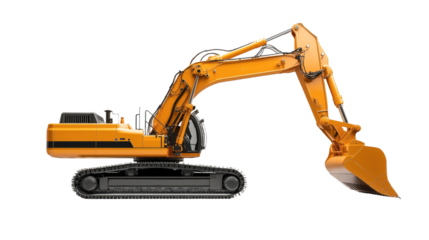 Yellow excavator with hydraulic arm and bucket, side profile view. Isolated on a white background, highlighting the details of the construction machinery.