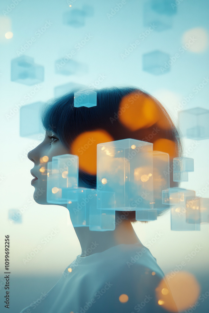 Leinwandbilder a serene profile of a human silhouette blended with abstract geometric shapes, creating a layered an