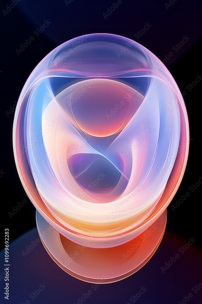 Poster a surreal composition showcasing a futuristic sculpture with mirrored globes and glowing elements, p