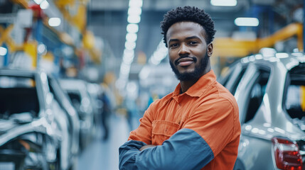 Confident African American worker standing in automotive factory setting