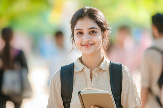 young indian college girl holding text book