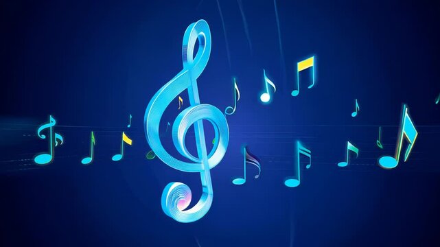 Glowing treble clef rotating with musical notes