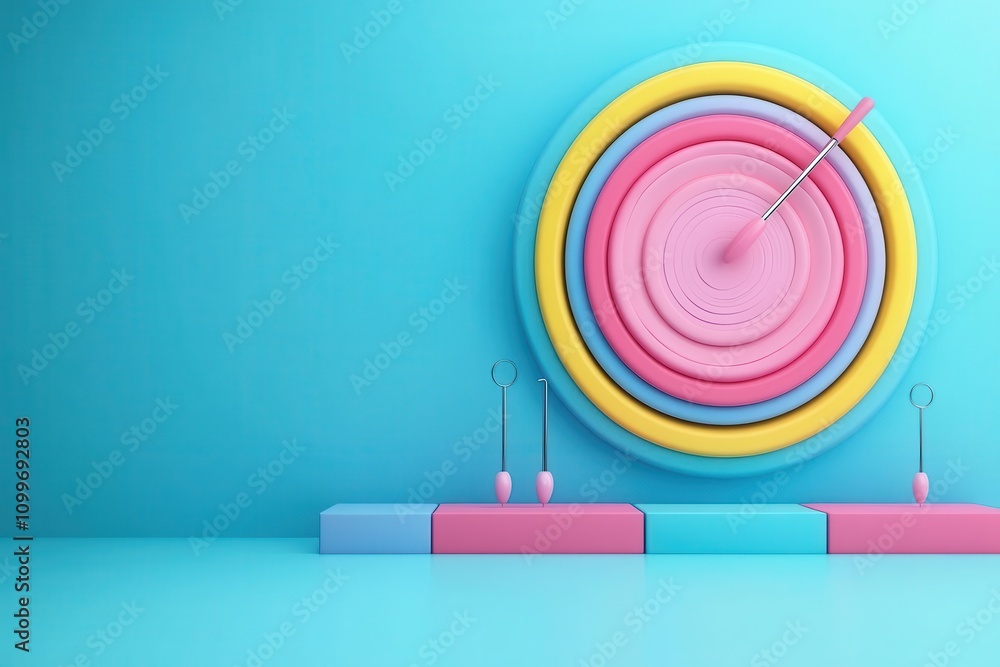 Poster a colorful dartboard with concentric circles set against a vibrant blue background, featuring an arr