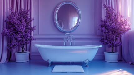 Luxurious purple bathroom with freestanding tub, elegant interior design, floral decor, glowing...