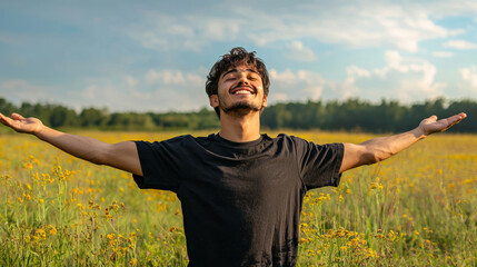 Joyful man embracing nature with open arms in a field