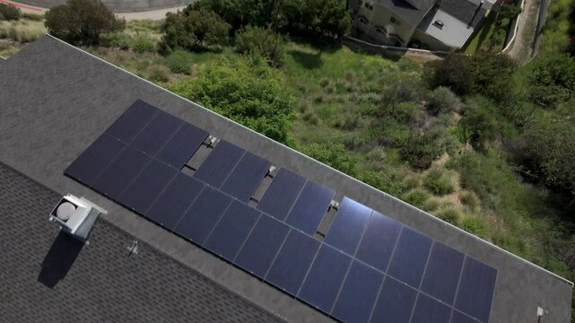 Luxury House In The Los Angeles Hills With Solar Panels On The Rooftop, Aerial Flyover