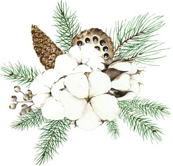 watercolor christmas bouquet cotton, conifers