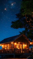 Obraz premium Charming wooden café illuminated under a starry night sky.