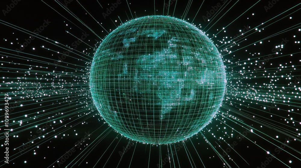 Poster a futuristic 3d wireframe globe with connecting lines and dots, symbolizing global data exchange, in