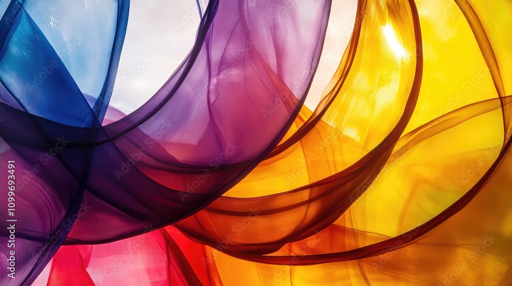 Poster a dynamic abstract composition of overlapping translucent layers in vibrant colors, creating a sense