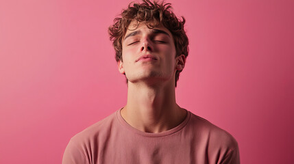 Obraz premium Portrait of a young man in a thoughtful, relaxed pose against pink