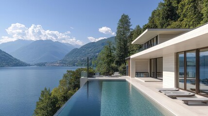 Obraz premium Modern villa perched on a lakeside cliff, offering unobstructed views of the water and surrounding forest villa, lakeside cliff
