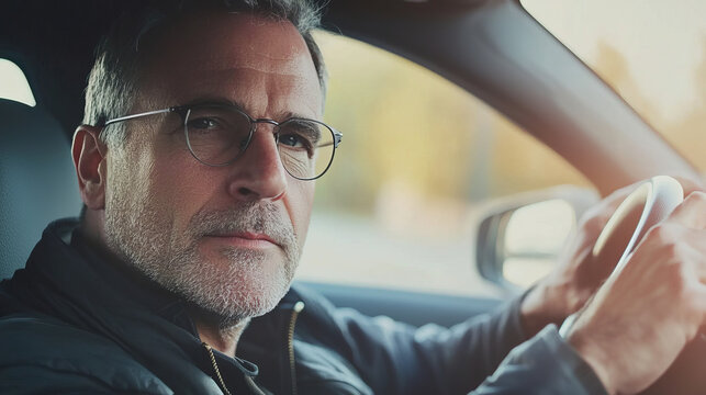 Mature man driving with focus in a calm urban setting