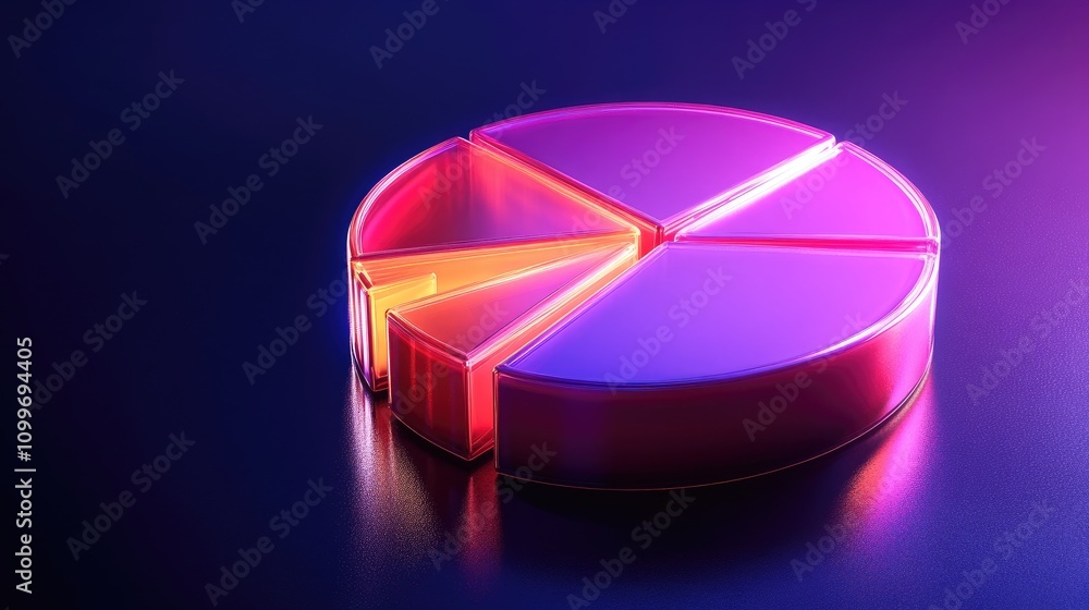 Poster a glowing pie chart with segments separated slightly, floating over a reflective surface to represen