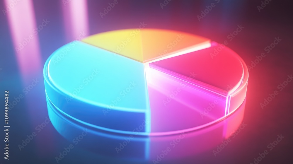 Poster a glowing pie chart with segments separated slightly, floating over a reflective surface to represen