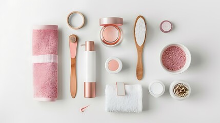 Naklejka premium A flat lay of beauty and skincare products arranged aesthetically for a self-care routine.