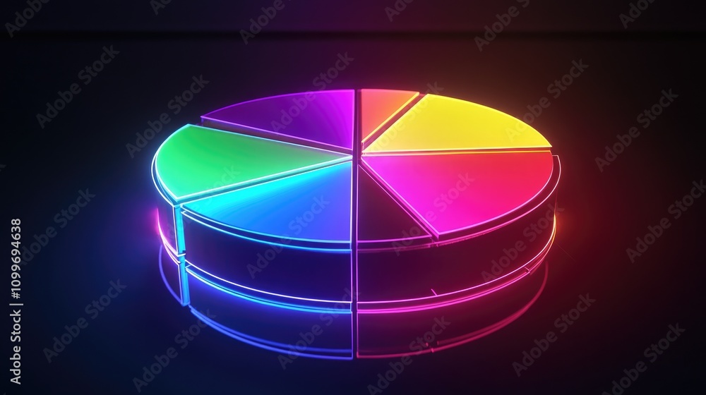 Poster a glowing pie chart with segments separated slightly, floating over a reflective surface to represen